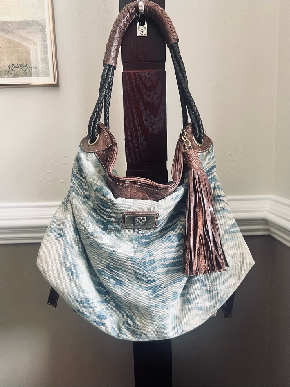 Sharif denim bag with dark leather trim